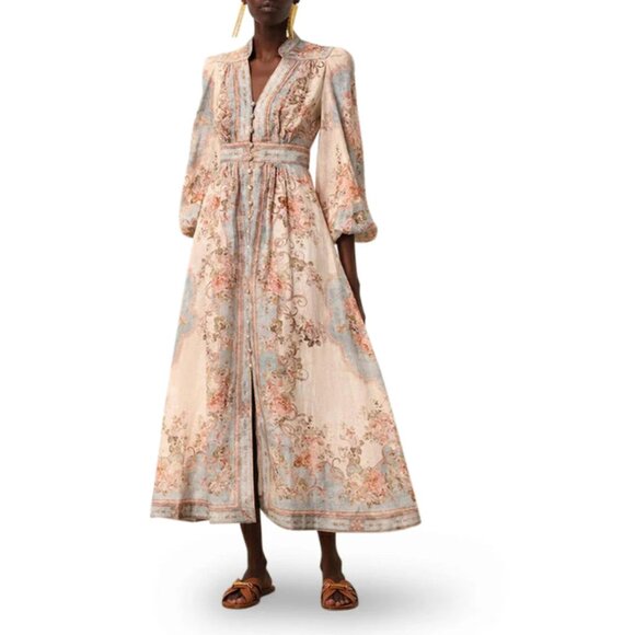 Zimmermann August Floral Print Linen Midi Dres - Picture 1 of 16